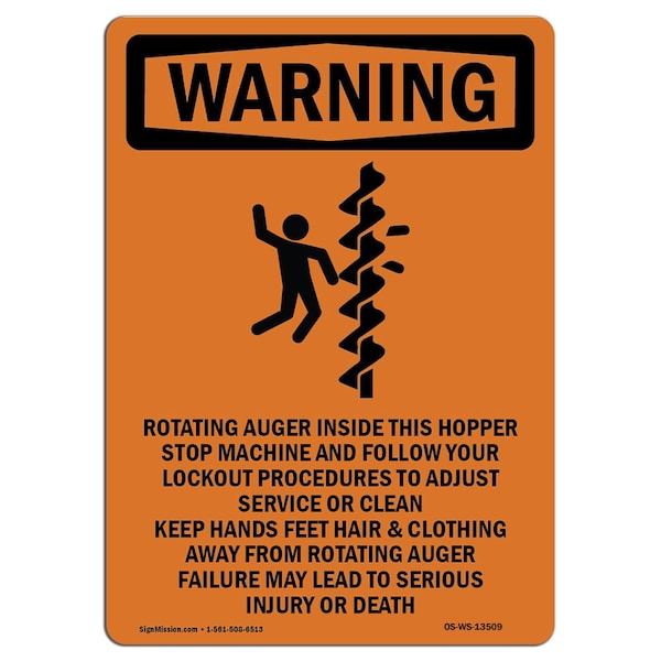 Safety Sign, OSHA WARNING, 5" Height, Rotating Auger Inside, Portrait, 10PK